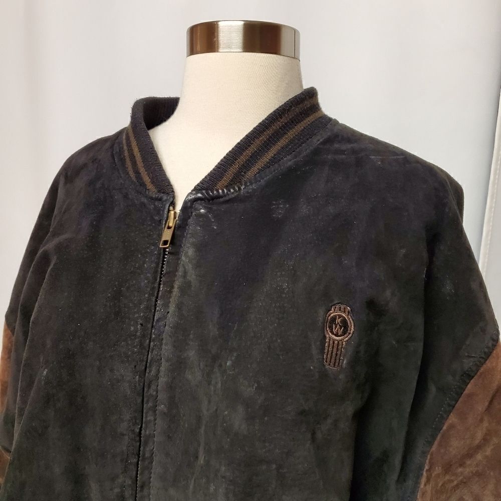 Vintage 90s y2k 2 Tone Black Brown Suede Leather Kenworth Truck Bomber Jacket Lg - Picture 12 of 12